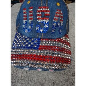 USA Jewel Studded Baseball Cap USA Bling Rhinestone Distressed Denim Hat Women